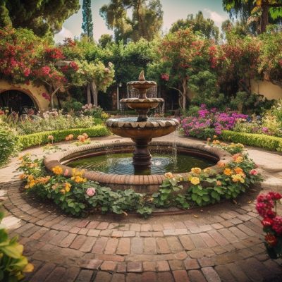 Fresh flowers bloom in historic courtyard gardens generated by artificial intelligence
